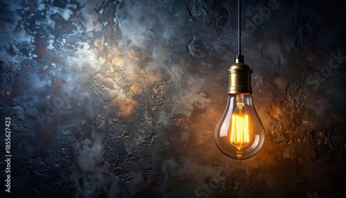 An illuminated vintage Edison light bulb hangs against a textured, distressed dark background.