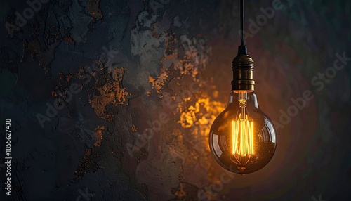 A vintage Edison bulb hangs against a dark, textured, industrial background.