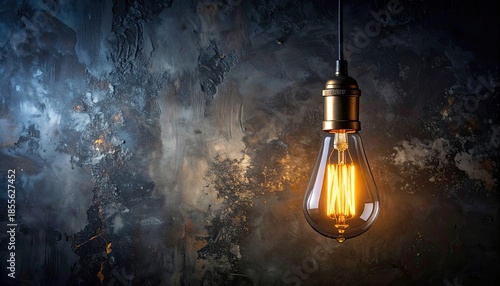 An illuminated vintage Edison light bulb hangs against a dark, textured industrial wall.