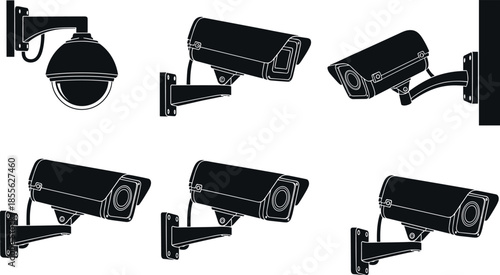 Professional Security Camera Vector Set with Dome and Bullet CCTV Icons for Surveillance Safety Monitoring Privacy Protection and Urban Crime Prevention