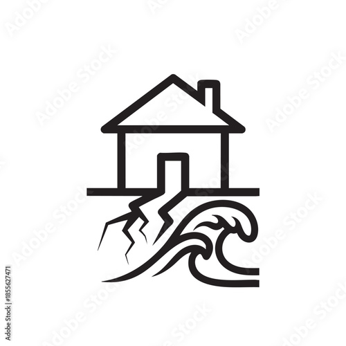 House damaged by earthquake and tsunami wave illustration