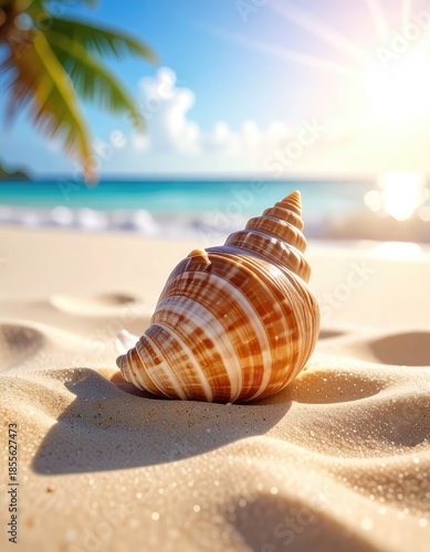 A close-up of a striped seashell resting on sun-drenched tropical beach sand with turquoise ocean and palm leaves in the background.