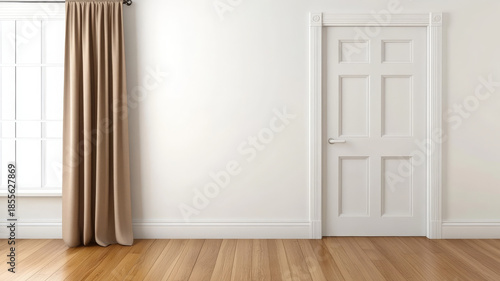 White door, brown curtain, wooden floor, white wall, empty room, natural light, minimal style