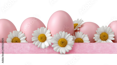 Row of colored shells nestles among blossoms above ribbon forming cheerful header.