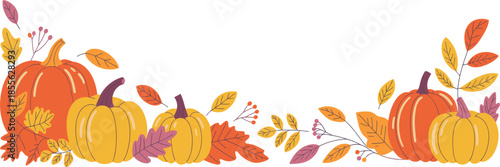 Autumn Harvest Pumpkin Border Illustration Featuring Orange and Yellow Gourds With Colorful Fall Leaves