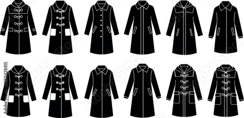 Set of black flat icons representing various winter coats and autumn jackets including duffle coats parkas and elegant wool outerwear
