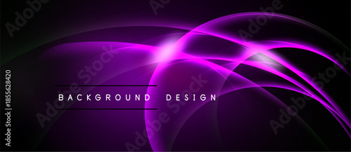 Abstract purple waves form dynamic background. Bright light creates flowing curves, modern design element. Dark space emphasizes vibrant color.
