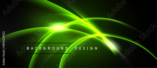 Abstract green light streaks over black background. Bright central glow creates dynamic visual effect. Text reads background design.