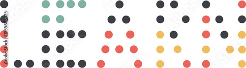 Braille alphabet dots forming "learn" on clean white background, minimal style, accessibility and inclusion concept, tactile letters, education, literacy, modern design