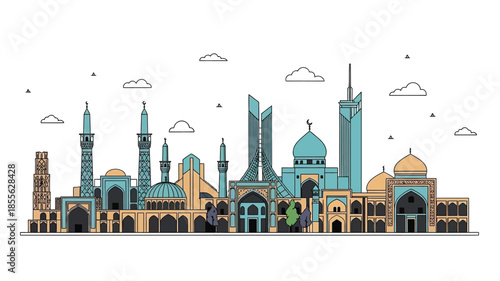 A vibrant line art illustration showcasing a sprawling Middle Eastern city skyline with a mix of historical mosques and modern architectural marvels under a clear sky