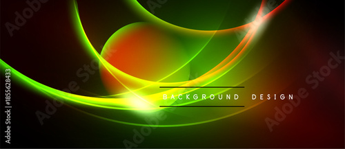Abstract vibrant lines create dynamic energy. Green, orange, yellow hues blend into dark background. Modern design element.