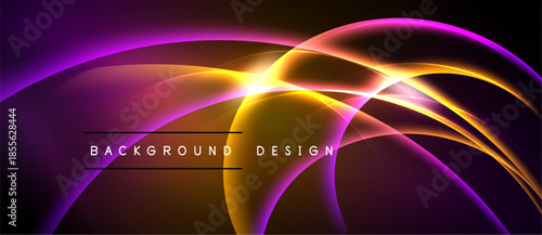 Abstract vibrant background. Flowing curves, bright colors, dynamic light effects create modern design. Purple, orange hues dominate composition.