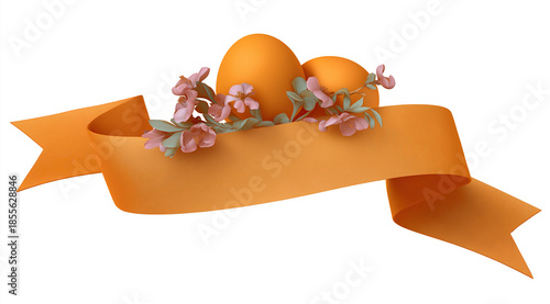 orange ribbon with three Easter eggs and flowers