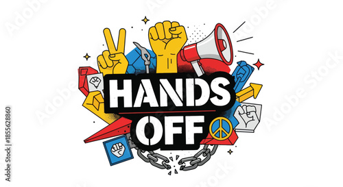 Hands Off protest symbol with raised fist and peace sign.