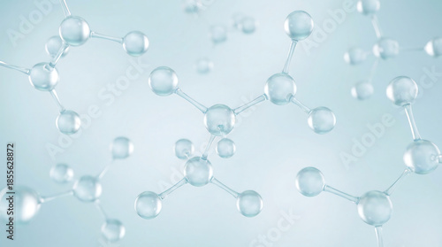 3D Scientific Illustration of Transparent Molecular Structures and Atoms on a Light Blue Background for Biotechnology Research