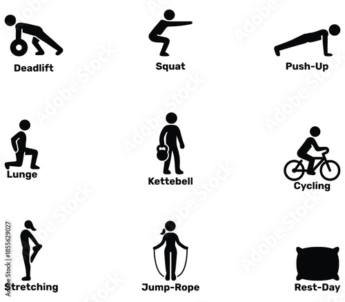 Workout Exercise Icon Bundle — Deadlift, Squat, Push-Up, Cycling & Fitness Routine Set