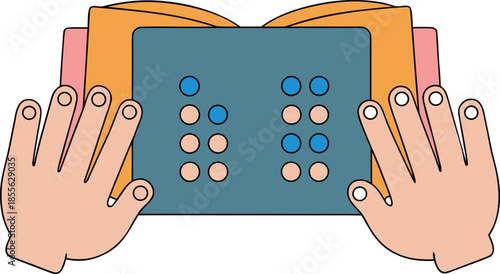 Hands sharing a braille page on white background, symbolizing accessibility, inclusion, education, and tactile literacy, promoting equal learning opportunities, cooperation, and diversity concept.