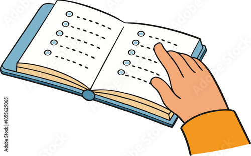 Close-up of human hand touching braille text on white background, accessible learning, tactile reading, inclusive education, assistive technology, visually impaired literacy concept