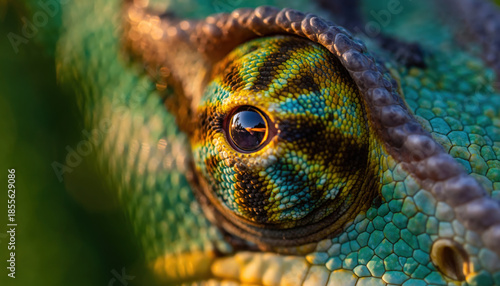 Close-up of a chameleon's eye and textured skin with vibrant colors.
