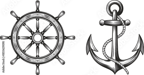 Vintage Nautical Silhouette Set Featuring Detailed Wooden Ship Wheel and Steel Anchor With Rope Details