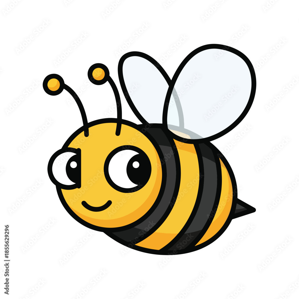 Obraz premium Cute cartoon bee with big eyes and black and yellow stripes.