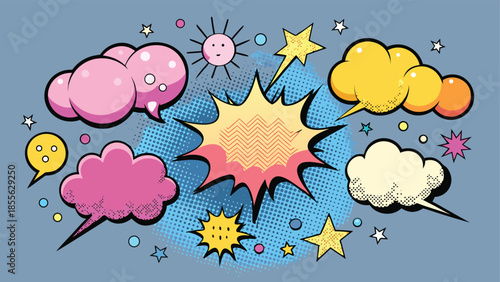 A set of multi-colored speech bubbles, illustrating various expressions and conversations in a visually engaging manner..eps