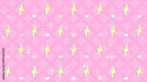 Pixel thunderbolts and hearts with shimmering light effect on pink background motion graphics. (loop)