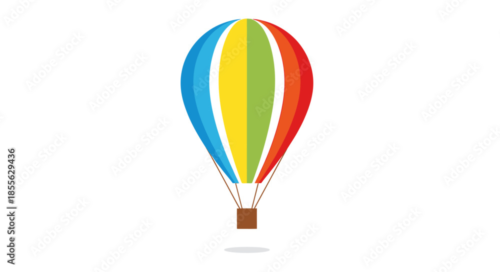 Fototapeta premium Vibrant hot air balloon illustration, colorful striped envelope and basket. Symbolizing freedom, adventure, and exploration, ideal for travel and dream themes
