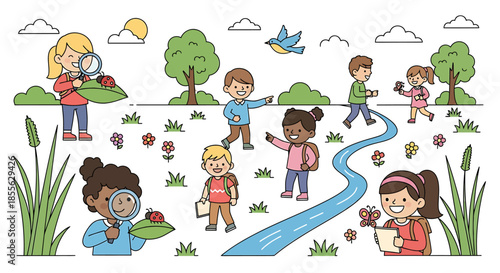 Joyful elementary school children exploring nature on an outdoor field trip, actively observing insects and plants with magnifying glasses for environmental discovery and learning