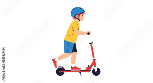 Young boy happily riding a red kick scooter wearing a blue helmet and yellow t-shirt, active lifestyle and outdoor recreation