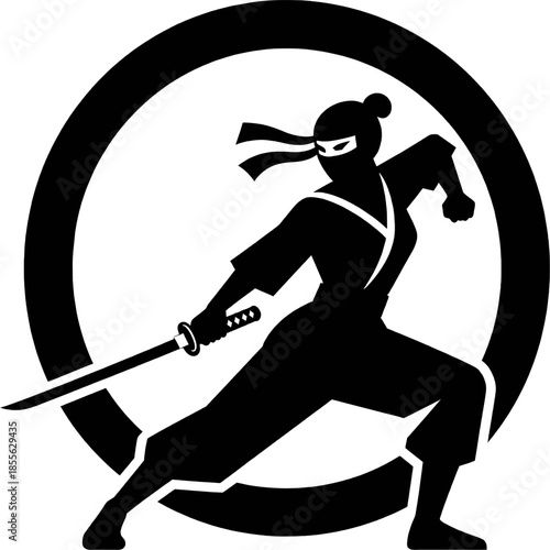 Female Ninja Silhouette Logo – Black Katana Warrior in Dynamic Combat Pose Inside Circular Emblem, Minimal Monochrome Martial Arts Vector Icon