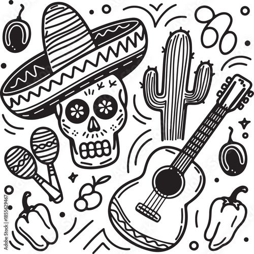 Dia de los muertos sugar skull sombrero guitar cactus peppers maracas