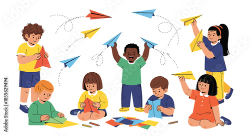 Children happily creating and launching colorful paper airplanes in a playful indoor setting