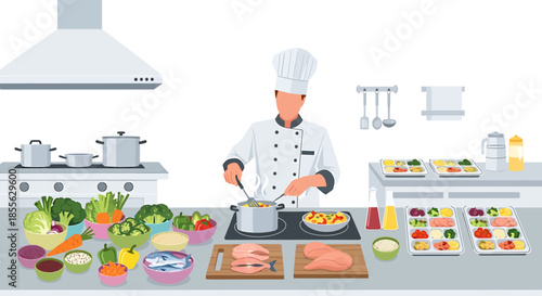 Skilled chef masterfully prepares a variety of delicious gourmet meals in a clean, contemporary kitchen, showcasing culinary artistry and fresh ingredient preparation