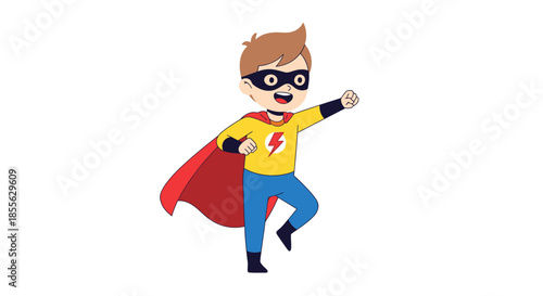 Cartoon Superhero Boy With Cape and Mask, Ready for Action, Digitally Illustrated