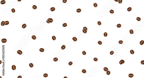 Dynamic pattern of individual dark roasted coffee beans gracefully falling and scattered across a pristine white background, perfect for culinary and beverage design projects