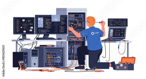 IT technician performs server maintenance, network administration, and data management. Expert ensures system functionality, provides technical support for modern computing infrastructure
