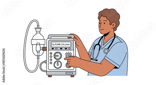 Medical expert diligently manages advanced healthcare technology, adjusting controls on a sophisticated ventilator to provide crucial patient support and treatment