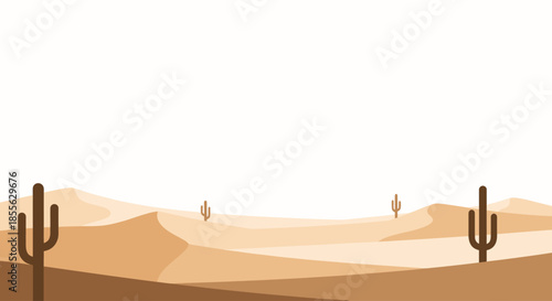 Clean and modern flat design vector illustration of a serene desert environment, featuring rolling sand dunes and stylized cacti under a clear sky, ideal for web backgrounds and digital projects