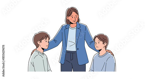 Caring adult embracing two young boys with supportive gestures in a heartwarming illustration