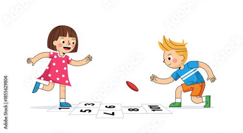 Energetic young boy and girl joyfully engaging in a classic game of hopscotch, running and jumping with bright smiles on their faces, symbolizing active childhood play and outdoor fun