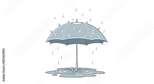 A blue umbrella offering protection from the pouring rain, creating ripples in a puddle below