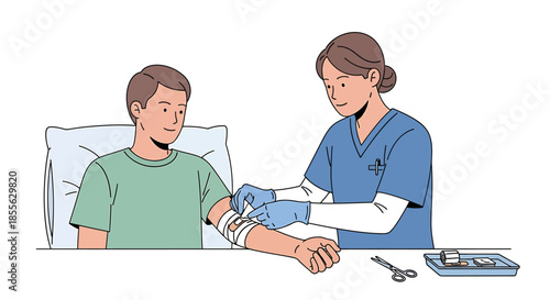 Caring nurse provides professional medical assistance, diligently bandaging a patient's arm in a clinic or hospital setting, emphasizing healthcare support