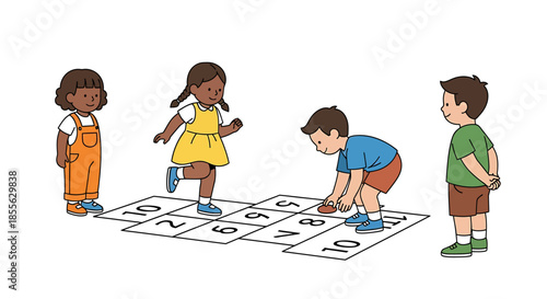 Children playing hopscotch on a sunny day, enjoying a fun outdoor activity and promoting physical fitness