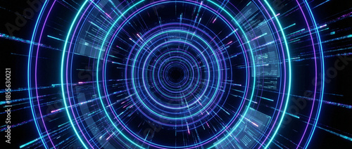 Hyper Realistic Digital Tunnel with Neon Circular Lights and Futuristic HUD Data Elements