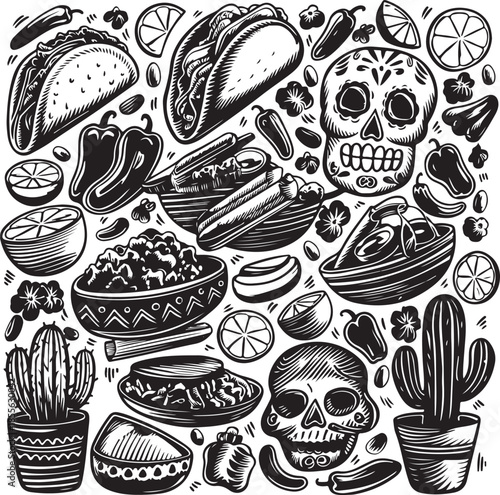 Mexican food and drink illustrations with skulls and cacti