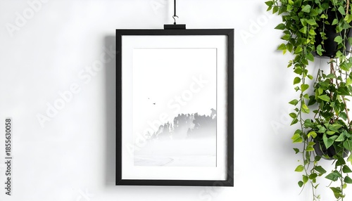 Black framed art print of misty landscape hangs on a white wall; trailing greenery on right