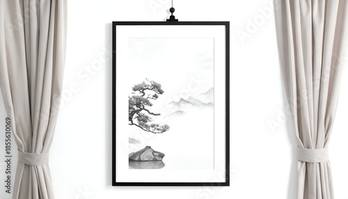Black framed watercolor, scenic mountains with tree on a rock, flanked by curtains