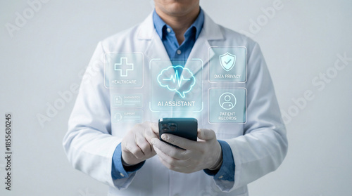 Medical Professional Using AI Assistant Mobile App for Patient Records and Healthcare Diagnostics