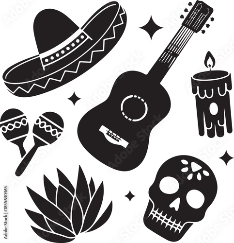Fiesta elements with sombrero guitar maracas skull and candle